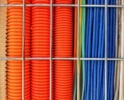 Network and Fiber cables on the cable tray.